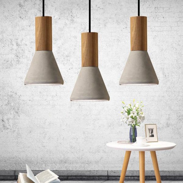 Contemporary Industrial Round Cone Triangle Cement Rubber Wood 1-Light Pendant Light For Living Room - Image 3