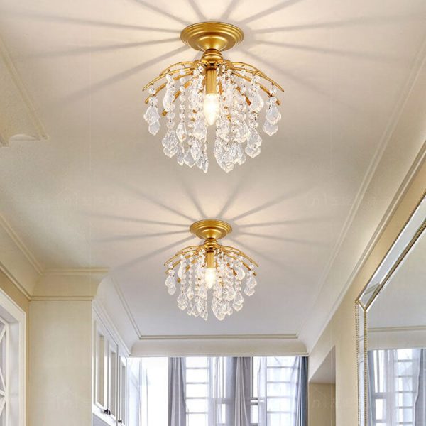 Scandinavian Modern Round Iron Crystal 1-Light Semi-Flush Mount Ceiling Light - Image 3