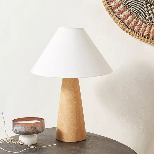 Traditional Japanese Vintage Cone Fabric Wood Base 1-Light Table Lamp For Bedroom - Image 2