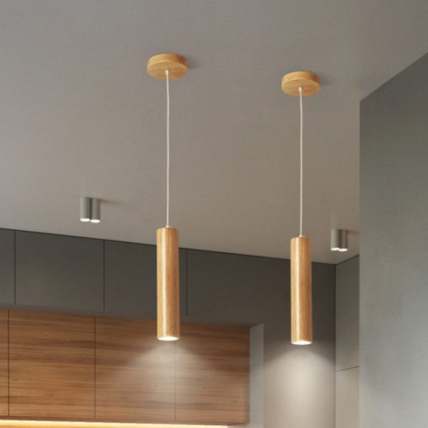 Modern Minimalist Rubberwood Cylinder Spotlight LED Pendant Light For Bedroom - Image 3