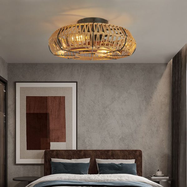 Traditional Rustic Round Drum Iron Hemp Rope 4-Light Semi-Flush Mount Ceiling Fan Light For Bedroom - Image 3