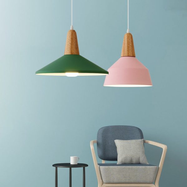 Nordic Minimalist Macaron Solid Color Aluminum Wood 1-Light Pendant Light - Image 2