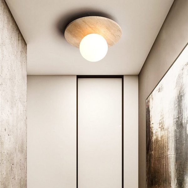 Japanese Minimalist Round Yellow Travertine Shade 1-Light Semi-Flush Mount Ceiling Light - Image 4