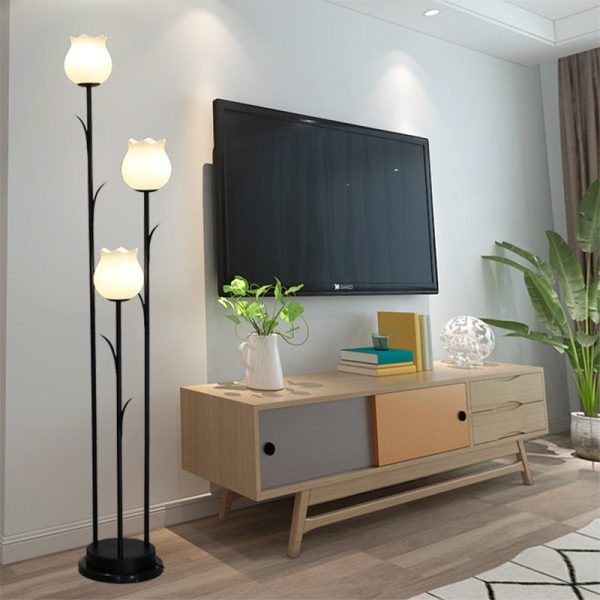 Contemporary Scandinavian Cylinder Flower Iron Glass 3-Light Standing Floor Lamp For Living Room - Image 5