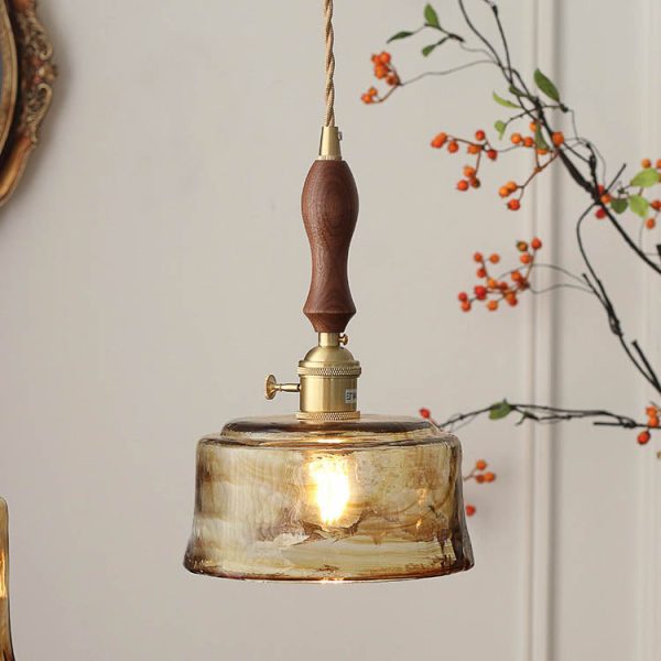 Modern Eclectic Amber Glass Walnut Color Handle 1-Light Pendant Light For Living Room - Image 6