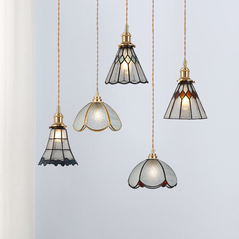 02-de624766-7e5d-4705-9ed5-fd65f845bf9b.jpg Japanese Vintage Brass Stained Glass Cone 1-Light Pendant Light - Image 1