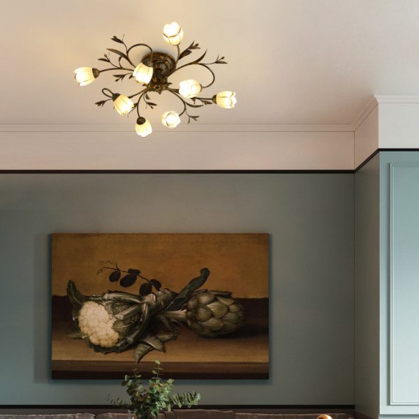 Traditional French Flower Shaped Iron Glass 4/6/8/10/12 Light Semi-Flush Mount Ceiling Light For Bedroom - Image 2
