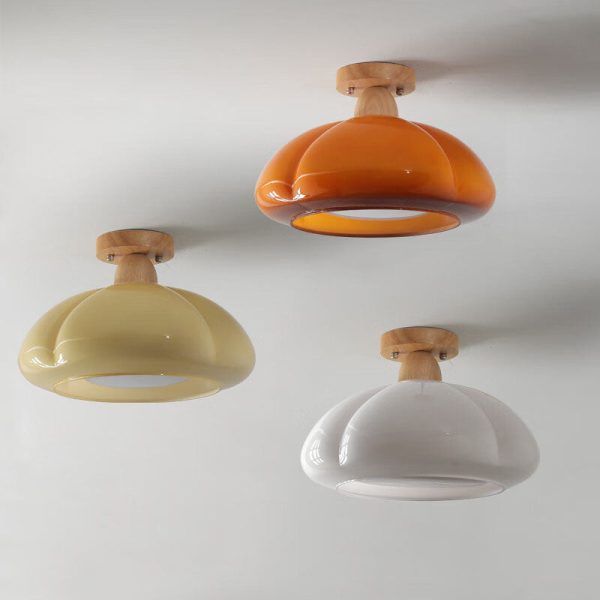 Modern Cream Oval Pumpkin Rubberwood Glass 1-Light Semi-Flush Mount Ceiling Light - Image 2