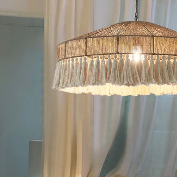 Contemporary Boho Linen Rope Tassel Round 1-Light Pendant Light For Dining Room - Image 12