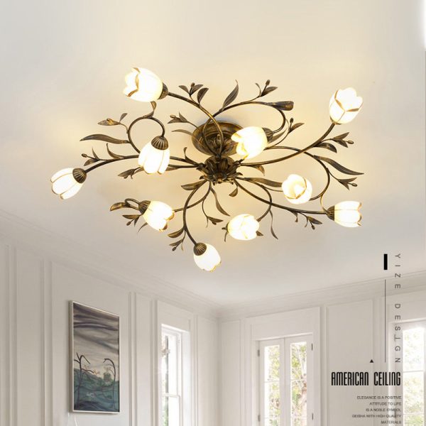 Traditional French Flower Shaped Iron Glass 4/6/8/10/12 Light Semi-Flush Mount Ceiling Light For Bedroom - Image 12