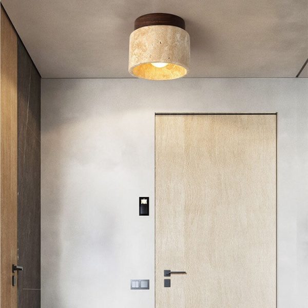 Japanese Minimalist Round Yellow Travertine Shade 1-Light Semi-Flush Mount Ceiling Light - Image 2