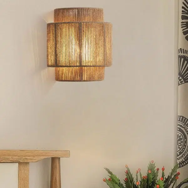 Traditional Japanese Rope Woven Curved 1-Light Wall Sconce Lamp For Living Room - Image 6