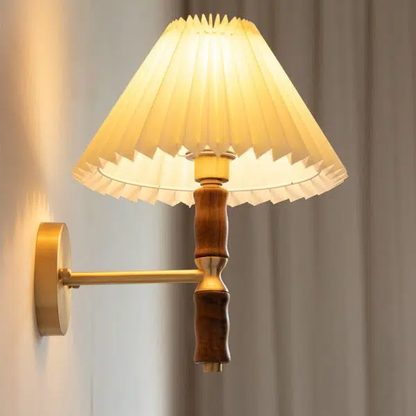 Japanese Vintage Walnut Pleated Umbrella 1-Light Wall Sconce Lamp - Image 3