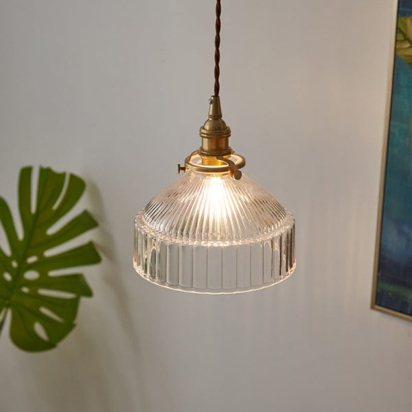 Contemporary Scandinavian Round Striped Glass Brass 1-Light Pendant Light For Living Room - Image 2