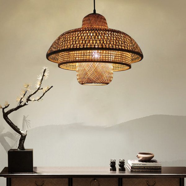 Japanese Vintage Triple Bamboo Weaving 1-Light Pendant Light - Image 10
