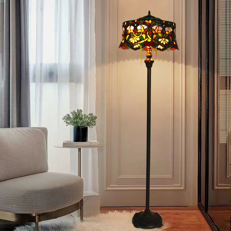 03-1-e0810eb4-4d5e-432d-a1e4-8d1b563d61bd.jpg Traditional Tiffany Lily Stained Glass Yurt Shape 2-Light Standing Floor Lamp For Study - Image 1