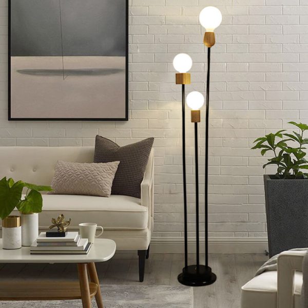Industrial Retro Iron Black-Finished Frame Glass Ball 3-Light Standing Floor Lamp - Image 9