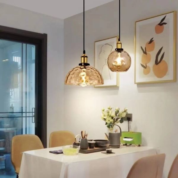 Nordic Vintage Amber Water Pattern Glass Dome 1-Light Pendant Light - Image 3