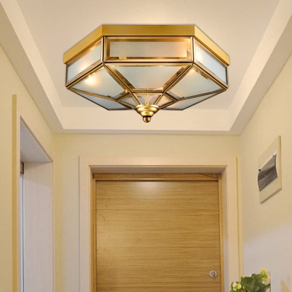 Traditional European Polygonal All Copper Glass 3/4 Light Flush Mount Ceiling Light For Living Room - Image 3