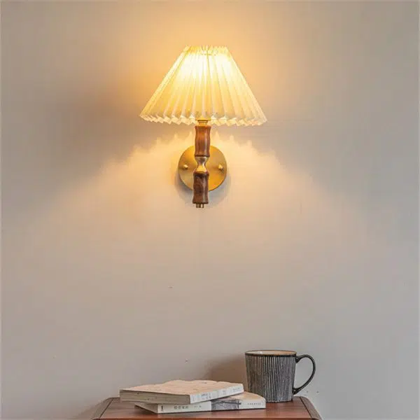 Japanese Vintage Walnut Pleated Umbrella 1-Light Wall Sconce Lamp - Image 9
