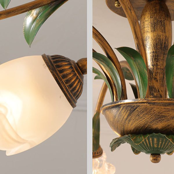 Traditional Rustic Floral Iron Glass 6/8/10 Light Semi-Flush Mount Ceiling Light For Living Room - Image 7