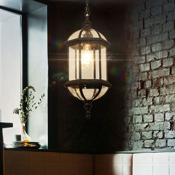 Contemporary Retro Hexagonal Lantern Glass Aluminum 1-Light Waterproof Pendant Light For Outdoor Patio - Image 15
