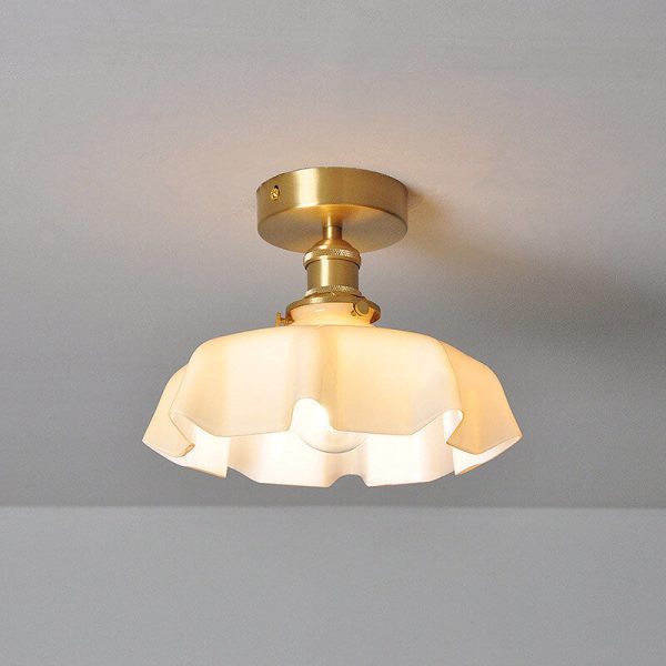 Japanese Vintage Cream Glass Floral Brass 1-Light Semi-Flush Mount Ceiling Light - Image 15