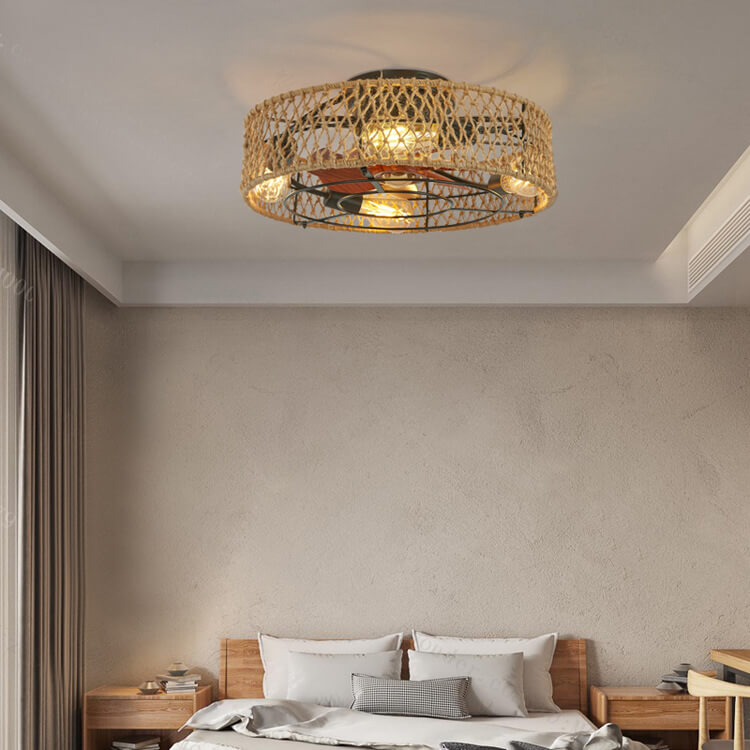 03-50c581b8-340d-4021-8041-dbdddd742cb0.jpg Traditional Rustic Round Drum Iron Hemp Rope 4-Light Semi-Flush Mount Ceiling Fan Light For Bedroom - Image 1