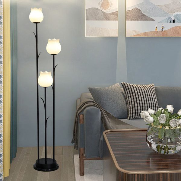 Contemporary Scandinavian Cylinder Flower Iron Glass 3-Light Standing Floor Lamp For Living Room - Image 8