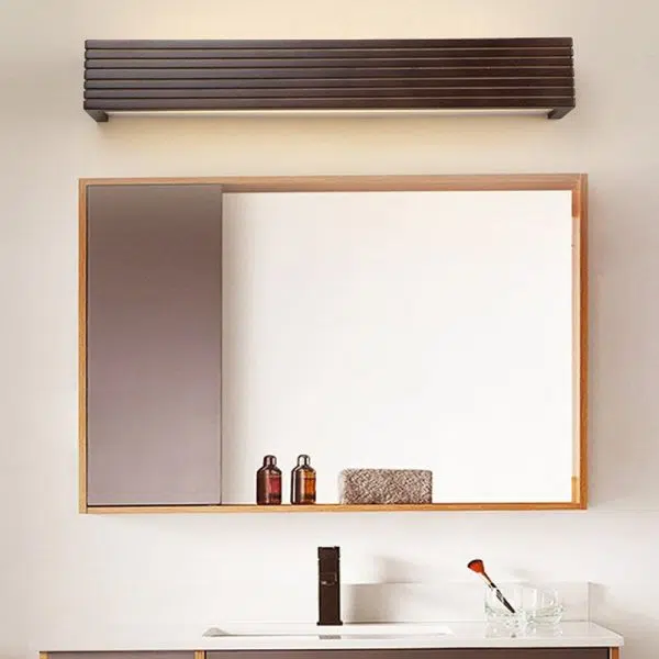 Traditional Chinese Striped Wood Cuboid LED Vanity Mirror Front Wall Sconce Lamp For Bathroom - Image 2