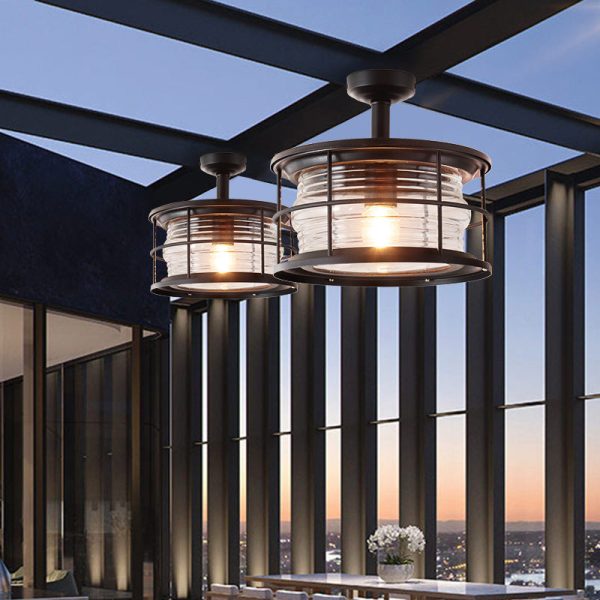 Industrial Vintage Glass Drum 1-Light Outdoor Semi-Flush Mount Ceiling Light - Image 12