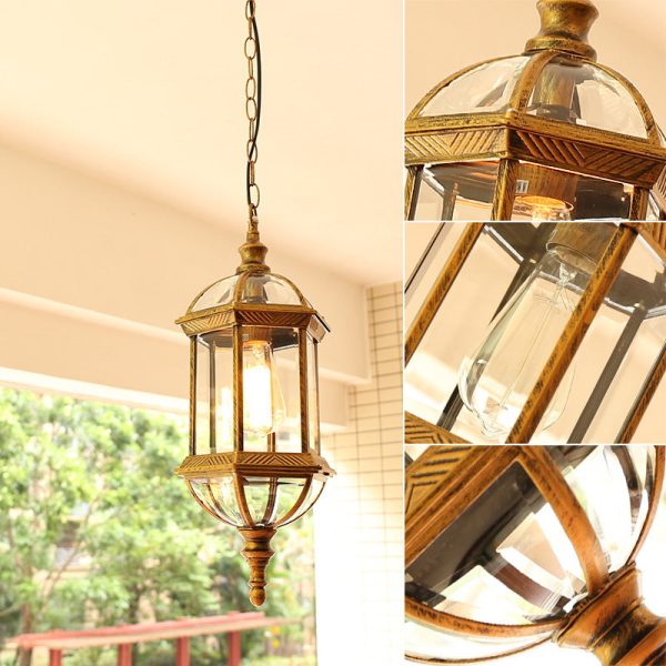 Contemporary Retro Hexagonal Lantern Glass Aluminum 1-Light Waterproof Pendant Light For Outdoor Patio - Image 12