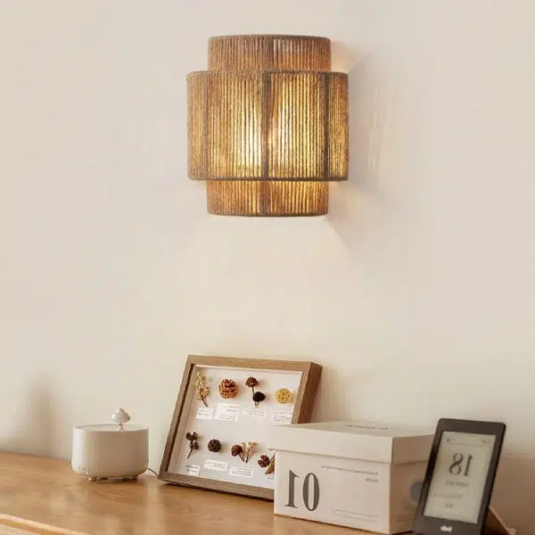 Traditional Japanese Rope Woven Curved 1-Light Wall Sconce Lamp For Living Room - Image 2