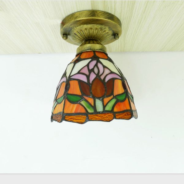 Traditional Tiffany Tulip Stained Glass Iron Dome 1-light Semi-Flush Mount Ceiling Light For Living Room - Image 8