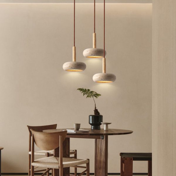 Contemporary Scandinavian Oval Solid Wood Yellow Travertine LED Pendant Light For Living Room - Image 4