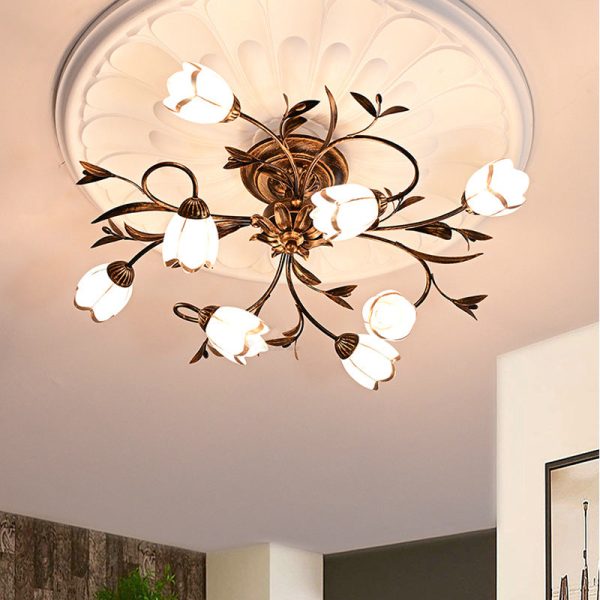 Traditional French Flower Shaped Iron Glass 4/6/8/10/12 Light Semi-Flush Mount Ceiling Light For Bedroom - Image 14