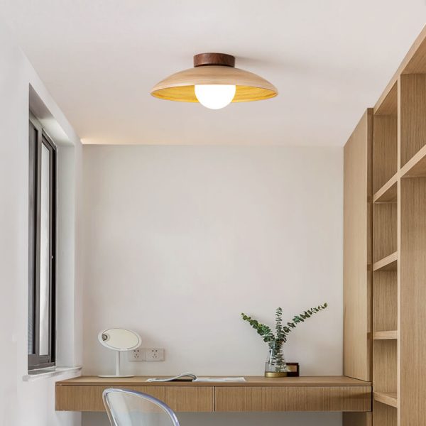 Japanese Wabi-Sabi Faux Woodgrain Flying Saucer Design 1-Light Semi-Flush Mount Ceiling Light - Image 4