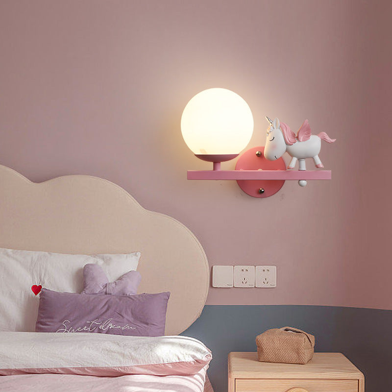 03-a9ddef06-3965-42ac-a597-603e6fd319a2.jpg Contemporary Creative Kids Girls Unicorn Orb Resin Iron Glass 1-Light Wall Sconce Lamp For Bedroom - Image 1