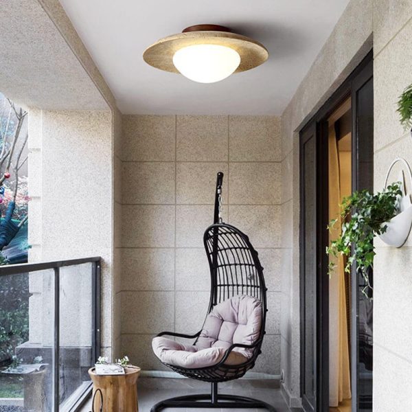 Japanese Minimalist Round Yellow Travertine Shade 1-Light Semi-Flush Mount Ceiling Light - Image 3