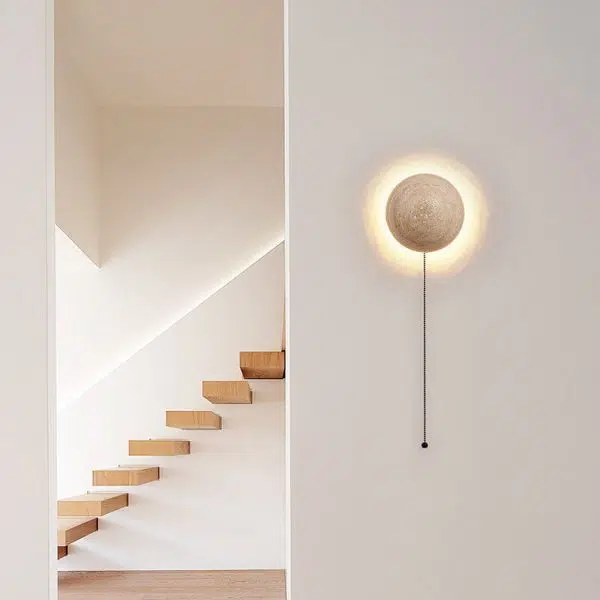 Japanese Minimalist Round Yellow Travertine Wabi-Sabi LED Wall Sconce Lamp - Image 2
