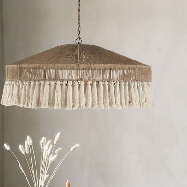 Contemporary Boho Linen Rope Tassel Round 1-Light Pendant Light For Dining Room - Image 2