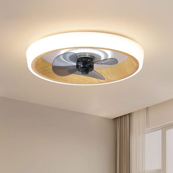 Modern Minimalist Round Wood Grain Aluminum Acrylic LED Flush Mount Ceiling Fan Light For Bedroom - Image 9
