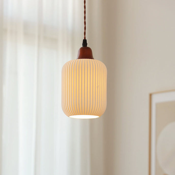 03-d89901dd-2398-43ac-982d-a035b21adaf9.jpg Japanese Vintage Pleated Ceramic Round Dome Wood 1-Light Pendant Light - Image 1