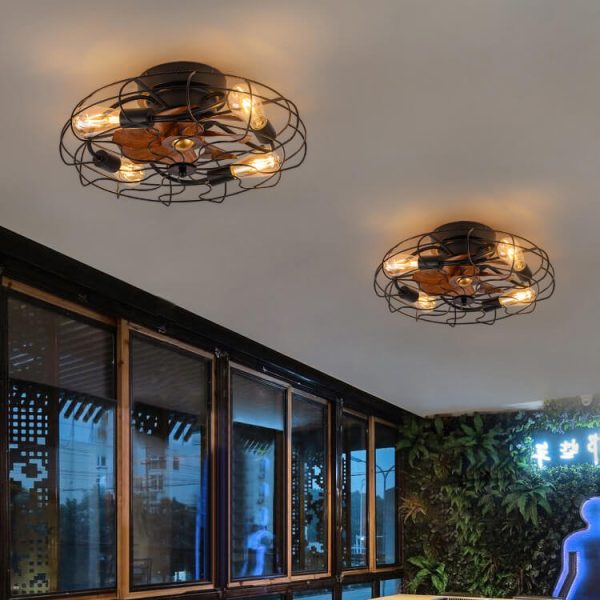 Industrial Vintage Wood Grain Drum Cage Design 3-Light Flush Mount Ceiling Fan Light - Image 2