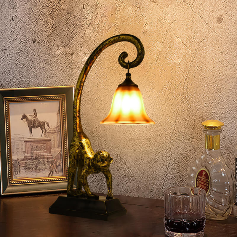 03-f5ded091-d68f-456e-9194-92cf45e35a84.jpg Vintage Creative Resin Monkey Glass Cone 1-Light Table Lamp - Image 1