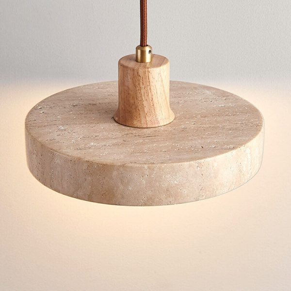Japanese Minimalist Solid Wood Disc Yellow Travertine Base 1-Light Pendant Light - Image 6