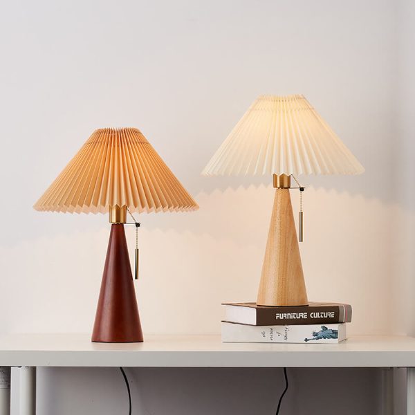 Japanese Minimalist Vintage Pleated Wooden Fabric LED Table Lamp - Image 8