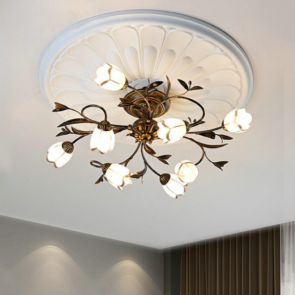 Traditional French Flower Shaped Iron Glass 4/6/8/10/12 Light Semi-Flush Mount Ceiling Light For Bedroom - Image 13