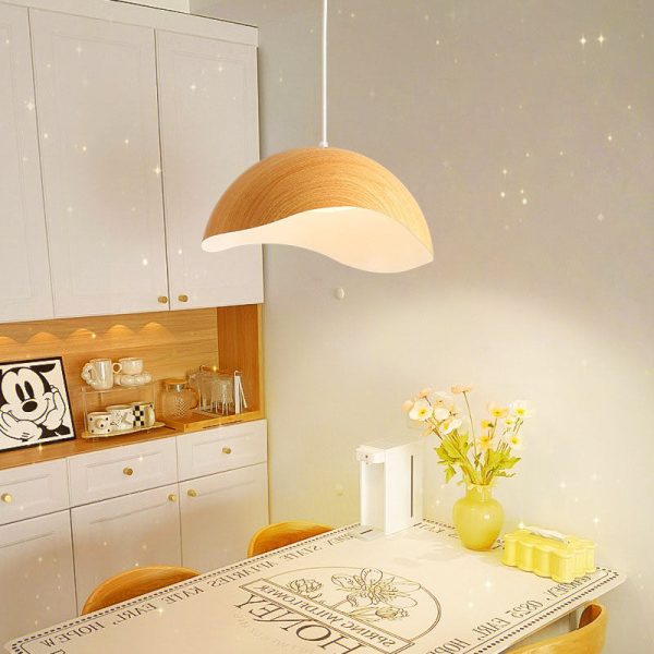 Contemporary Scandinavian Wood Grain Iron Dome Wave LED Pendant Light For Dining Room - Image 3