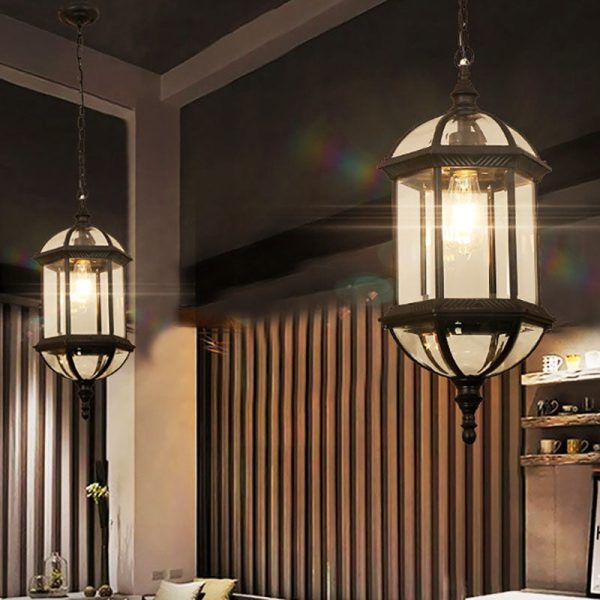 Contemporary Retro Hexagonal Lantern Glass Aluminum 1-Light Waterproof Pendant Light For Outdoor Patio - Image 23